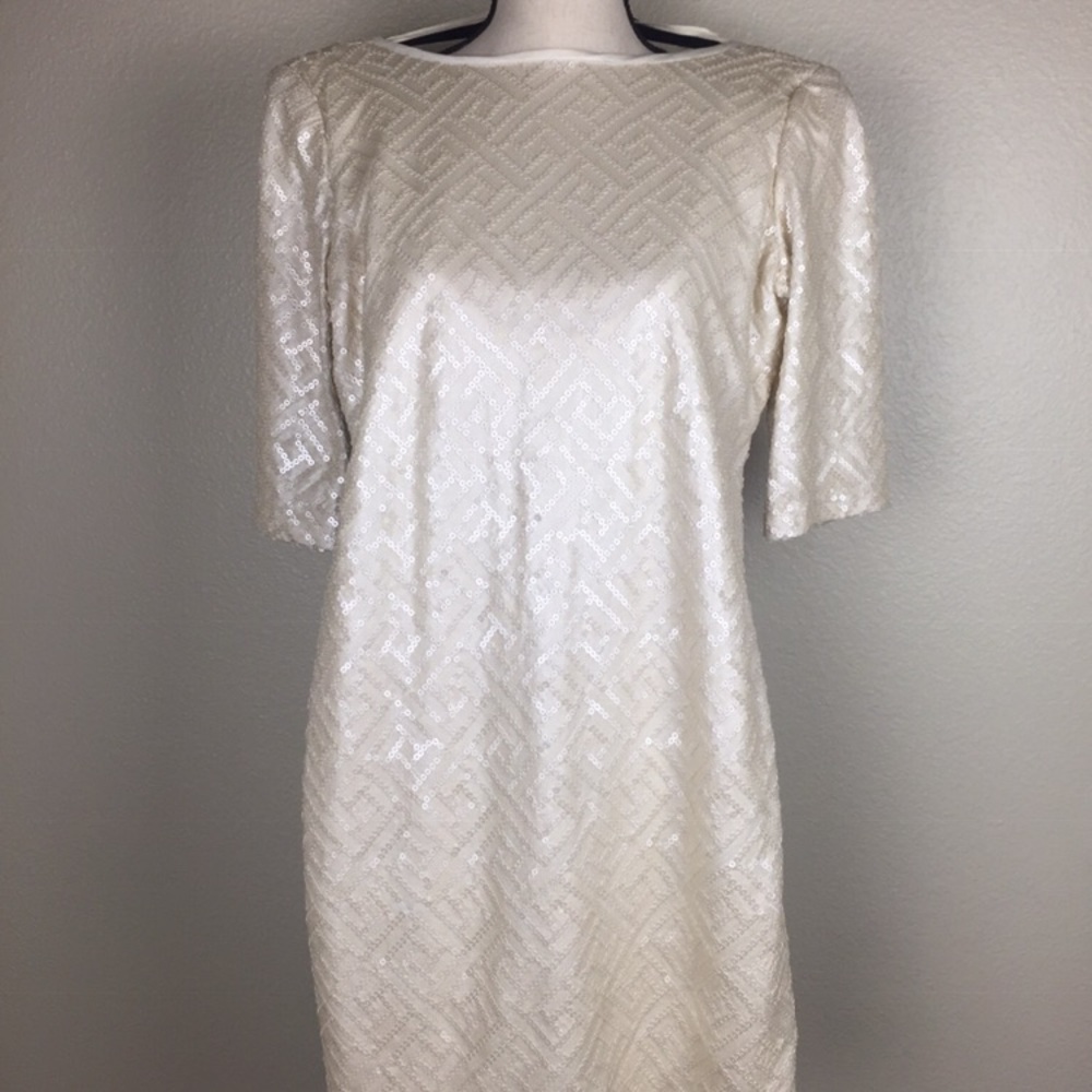 Metallic Pearl White Sequin Long-Sleeve Dress